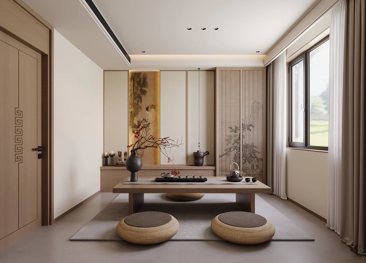 茶室：矮几、几只编织蒲团、悬壶与红梅枝条，窗边立着水墨金箔屏风